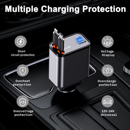 2024 Newly Retractable Car Charger 4 in 1 Fast Small Car Phone Charger, PD Retractable Cables and USB C Car Charger